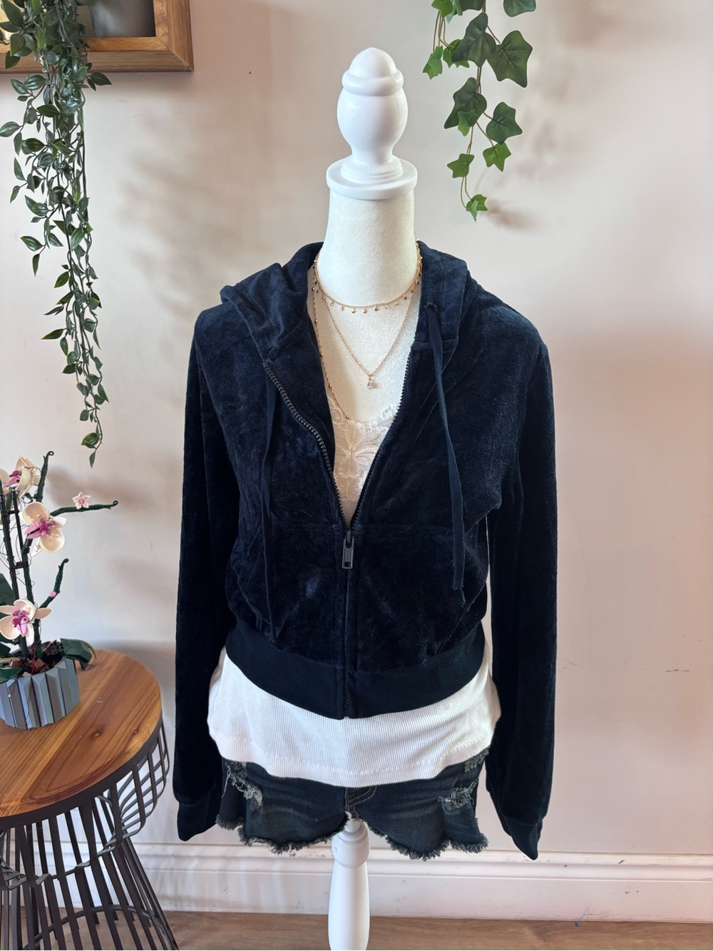 Navy blue Velvet Zip-Up Hoodie Jacket - Women
